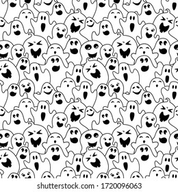 Ghost flat black line seamless pattern. Simple Halloween cute and scary ghostly monsters. Outline joyful spooky funny comic character. Linear monochrome ghosts. Contour vector illustration