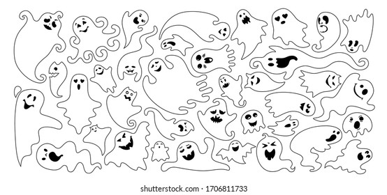 Ghost flat black line silhouette set. Simple Halloween collection cute and scary ghostly monsters. Outline joyful spooky funny comic character. Linear monochrome ghosts. Contour vector illustration