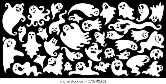 Ghost flat cartoon set. Simple Halloween collection cute and scary ghostly monsters. Joyful spooky or funny comic character. Silhouette monochrome ghosts. Vector illustration