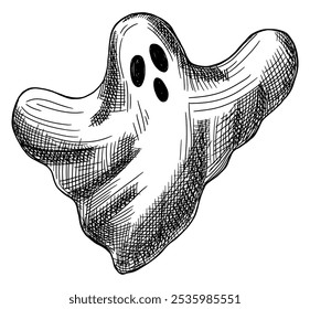 ghost flies floating screams isolated on white background halloween hand-drawn sketch eyes eerie expression card design element line art detailed season spooky holiday illustration