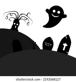 
A ghost flies over the cemetery on a white background. Halloween concept. Vector illustration.