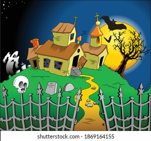 The ghost flies over the graves in the old cemetery. Vector