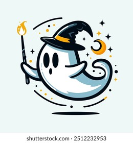 Сute ghost floating. Cartoon spirit, apparition. Ghost in hat with magic wand. Ghost character. Spooky phantom design. Flying specter. Phantom. Halloween greeting card with ghost. Haunted