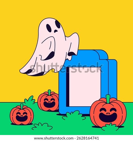 Ghost floats above a gravestone surrounded by smiling pumpkins on green grass cartoon hand drawn illustration vector for  Halloween or spooky icon or badge, sticker design
