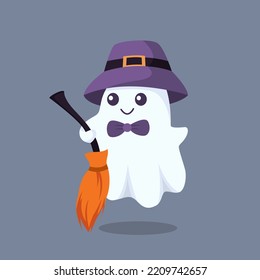 Ghost with Flying Broom Character Design Illustration