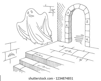 Ghost flying in the hallway of the castle graphic black white sketch illustration vector