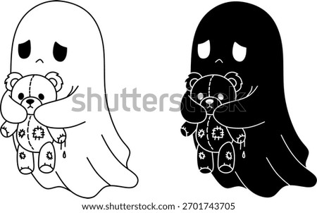Ghost Flying Holding Worn Bear. Cute Sad Character Halloween Lineart