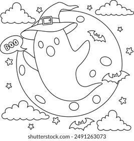 Ghost Flying on the Moon Background Colouring, Halloween Outline Coloring Page