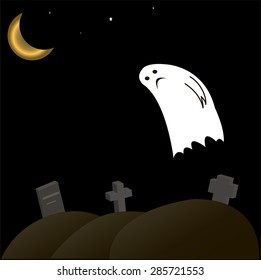 ghost flying over the cemetery with the graves