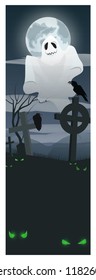 Ghost flying over graveyard vector illustration. Cross monuments and green eyes in darkness. Full moon concept