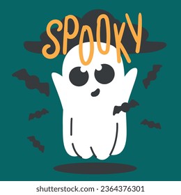 Ghost. Flying phantom. Cute character, cute cartoon character. Holiday card Hand drawn fashionable vector illustration. All elements isolated. Bat and lettering