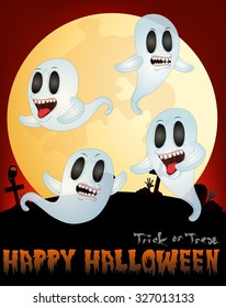 Ghost Flying Under Full moon Vector Illustration For Happy Halloween