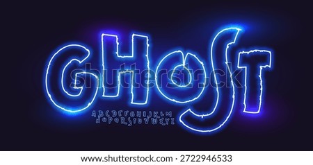 Ghost Font Logo Alphabet Vector Neon Glow Letters Set Modern Typography, Blue Light Typographic Design for Title Text, Typo Poster Headline, Type Symbol Logotype, Sans Serif Fonts. Vector Typeface