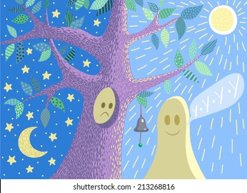 Ghost in the forest at night. Vector illustration Halloween.