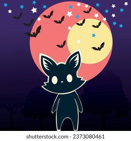 a ghost fox wake up in Halloween night , illustration, vector, background , card