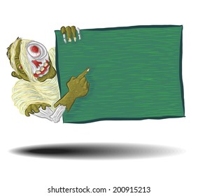 ghost frame halloween.Hand drawn monster hold tha green frame and Pointing to place.