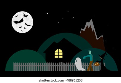 ghost, frankenstein and witch going to party. Halloween characters flat design. Holiday concept