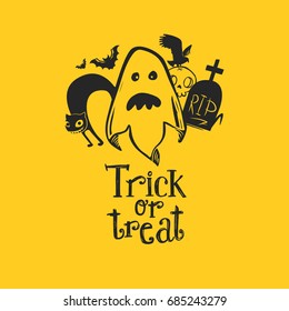 Ghost with friends and Trick or Treat t vector illustration. Happy Halloween invitation to Halloween party. Cloud frame yellow background. Sketch design. Cat, RIP grave, bird, skull and bats