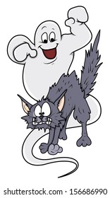 ghost frightening cat - cartoon - Halloween vector illustration