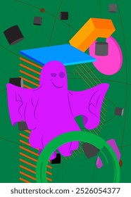 Fantasma con fondo de tema retro gráfico geométrico. Elementos geométricos mínimos. Formas abstractas de Antiguas, Ilustración vectorial de Halloween.