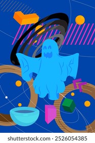Ghost with geometrical graphic retro theme background. Minimal geometric elements. Vintage abstract shapes, Halloween vector illustration.