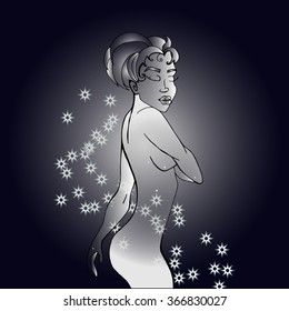 Ghost girl. Beautiful woman body and face silhouette. Dame on stars background. Vector illustration.