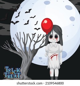 Ghost girl with black eyes on full moon background illustration
