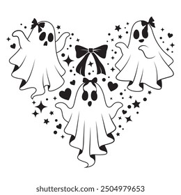 ghost girl coquetted heart shape for greeting halloween festival spooky season vector illustration