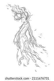 Ghost girl with curly hair levitates in the air. The concept of lightness and airiness. Vector illustration