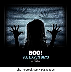 Ghost girl emerges through flickering television screen in haunted house. Happy Halloween Poster. 