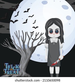 Ghost girl holding a knife on full moon background illustration