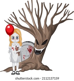 Ghost girl holding red balloon and scary tree illustration