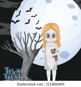 Ghost girl holding teddy bear on full moon background illustration