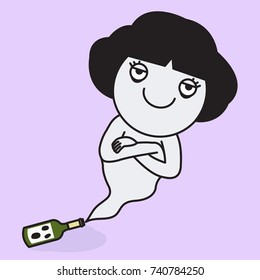 Ghost Girl Is Out Of The Halloween Wine Bottle Concept Card Character illustration