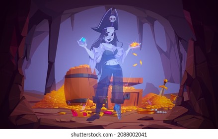 Ghost of girl pirate in cave with treasure. Vector cartoon illustration of rock mine with wooden chest with riches, gold coins piles, gems and spirit of dead woman captain. Halloween spooky background