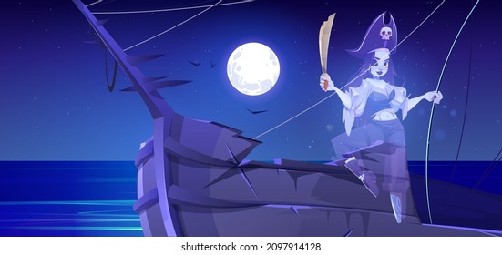 Geist der Piraten, die nachts Schwert auf dem Schiffsdeck halten. Vektorgrafik Meereslandschaft mit Geist der toten Frau in Bukarest Kostüm auf hölzernem Boot in Mondschein. Halloween-Illustration