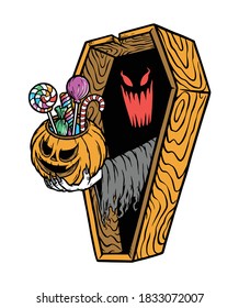 The ghost gives candy from inside the coffin illustration