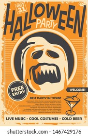 Ghost graphic illustration for Halloween night event. Retro poster design on orange background with spooky creature.