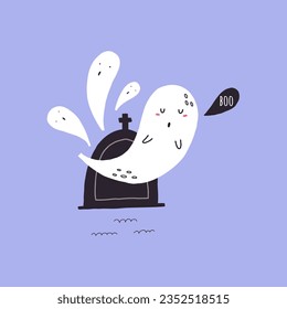 Ghost a grave to the cemetery. Boo spooky white character spirit holiday. Halloween vector hand drawn illustration
