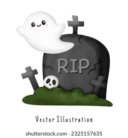 Ghost with the grave, Halloween vector watercolor illustration