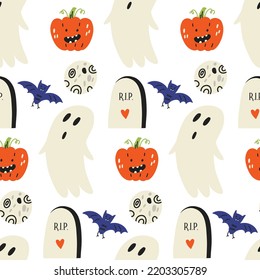 Patrón de halloween de calabaza de murciélago de calabaza de la tumba fantasma. Papel tapiz para niños de Halloween, papel digital. Fondo de repetición del vector plano de dibujos animados