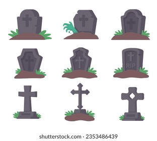 Ghost graves. Stones carved names of dead people on rocks with crosses in spooky cemetery.