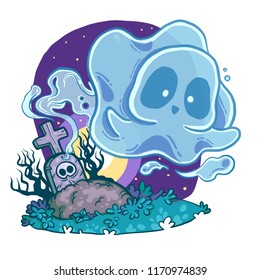   Ghost in the graveyard, Handdrawn vector illustration. Halloween day.