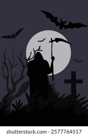 A ghost in a graveyard at night holding a sharp knife on his hand vector illustration. Horror illustration for print related purposes and use online.