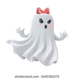 Ghost halloween 3d emoji vector. Cute scary character, little girl with pink bow. Female white sheet cloth png, scary boo promo poster. Funny spooky mascot, realistic render. Cartoon monster costume