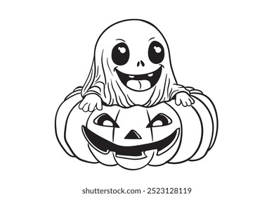 Fantasma, Halloween, dibujos animados, lindo, espeluznante, otoño, hojas, calabaza, linterna, libro, lectura, café, taza, corazón, sonriente, amistoso, juguetón, personaje, ilustración, blanco y negro, línea de arte, 