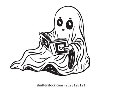 Fantasma, Halloween, dibujos animados, lindo, espeluznante, otoño, hojas, calabaza, linterna, libro, lectura, café, taza, corazón, sonriente, amistoso, juguetón, personaje, ilustración, blanco y negro, línea de arte, 