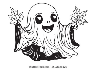 Fantasma, Halloween, dibujos animados, lindo, espeluznante, otoño, hojas, calabaza, linterna, libro, lectura, café, taza, corazón, sonriente, amistoso, juguetón, personaje, ilustración, blanco y negro, línea de arte, 