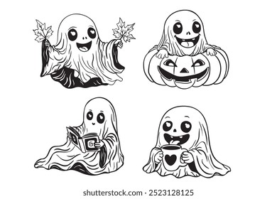 Fantasma, Halloween, dibujos animados, lindo, espeluznante, otoño, hojas, calabaza, linterna, libro, lectura, café, taza, corazón, sonriente, amistoso, juguetón, personaje, ilustración, blanco y negro, línea de arte, 