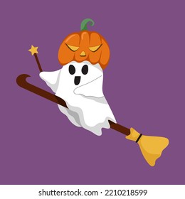 Ghost Halloween Costume with Flying Broom Cartoon Illustration